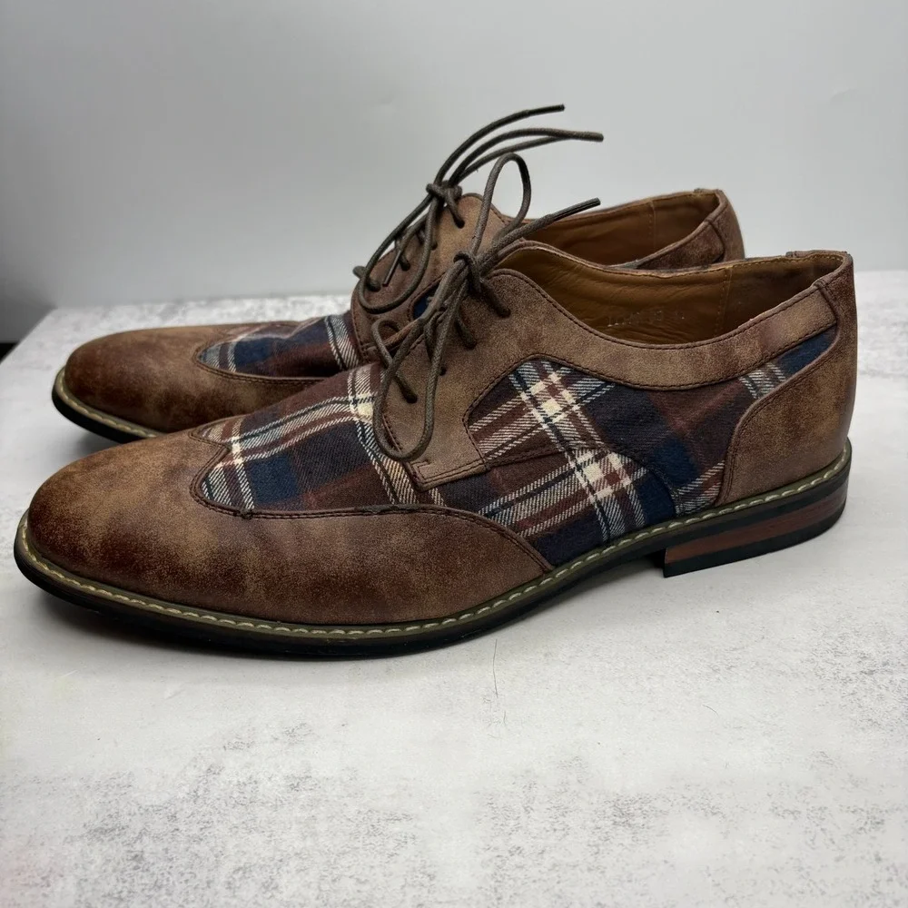 Parrazo Titan 03 Oxfords Dress Shoes 11 Brown Faux Leather Plaid Wingtip Lace Up